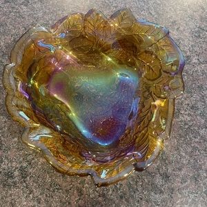 Loganbery By Indiana Glass Marigold Amber Carnival Leaf & Pinecone Candy Dish